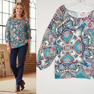 Chico's Knit Top Paisley Damask Print Balloon Sleeves Rayon Blend size 2/L